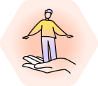 drawing of a person standing on a big hand
