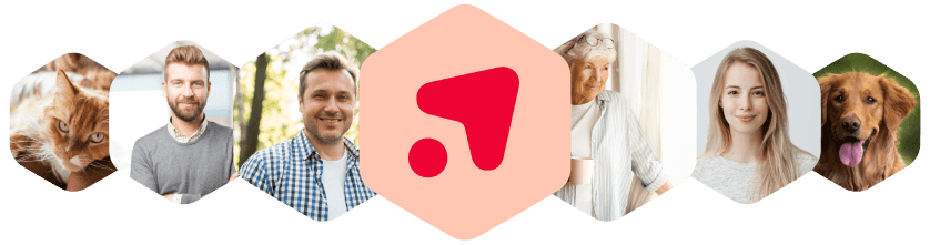 row of 7 images of a cat, a man, a smiling man, Redcare logo, an elderly woman, a woman and a dog